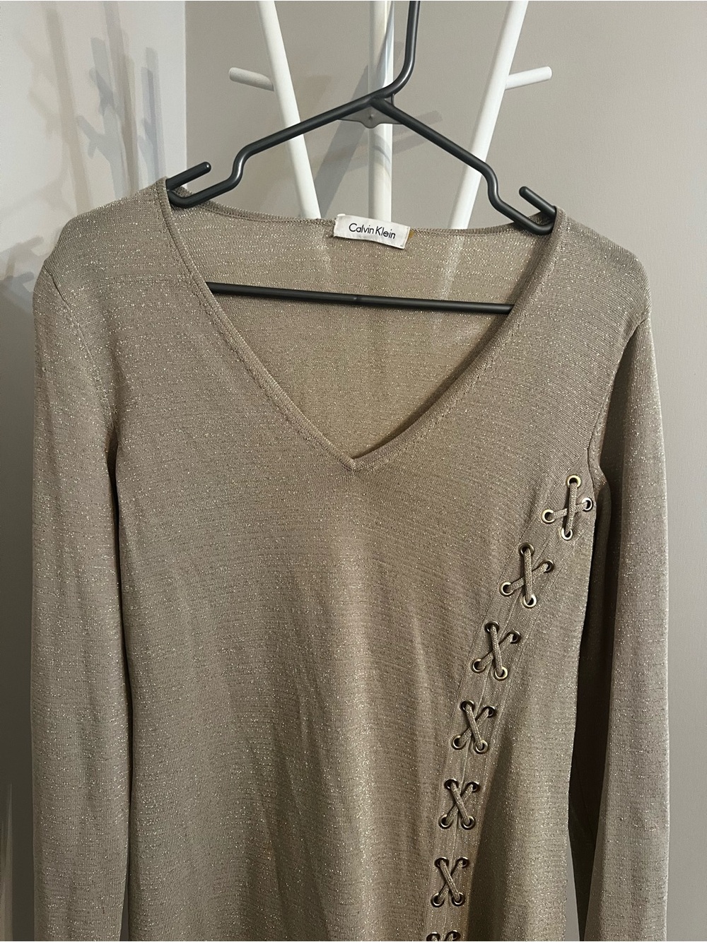 Calvin Klein Shimmery Long-Sleeve V-Neck Dress with Lace-Up Detail - Picture 3 of 5